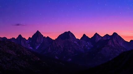 Rugged Mountain Range at Dusk with Jagged Peaks Silhouetted Against a Deep Purple and Blue Sky, and Stars Beginning to Twinkle. AI generated illustration