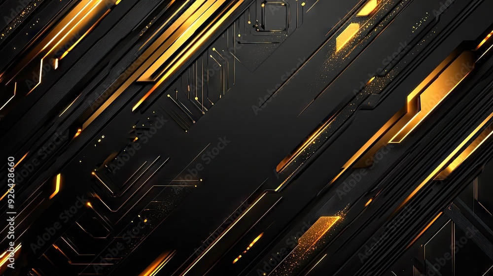Poster futuristic vector design featuring abstract gold arrows on a black background, creating a luxurious 