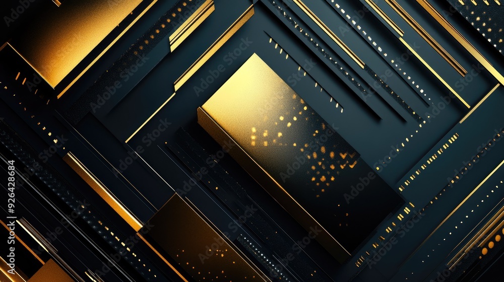Poster futuristic vector design featuring abstract gold arrows on a black background, creating a luxurious 