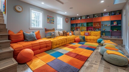 Design a contemporary basement playroom for kids, with colorful decor, interactive toys, and designated areas for games and activities.