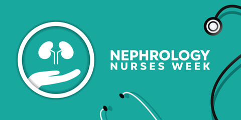 National Nephrology Nurses Week. Hand, kidney and stethoscope. Great for cards, banners, posters, social media and more. green background.