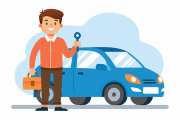 Man stands next to a new car and holds a key in his hand. Happy vehicle owner in white background
