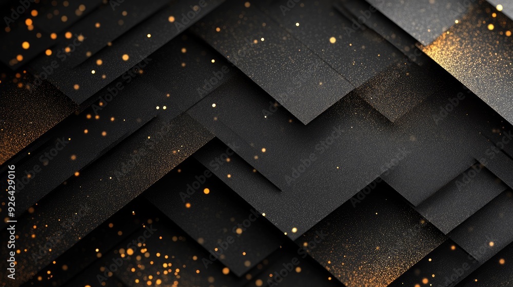 Poster geometric 3d design with black paper layers and sparkling golden dots, offering a sophisticated and 