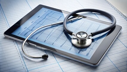 A digital tablet displays a patient's electronic health record, with a stethoscope and medical chart nearby, symbolizing the integration of technology in healthcare.
