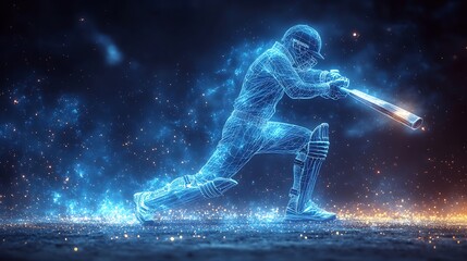 Digital blue low poly cricket player with glowing data streams AI in sports analytics, player performance tracking systems, match prediction algorithms, and training programs. wireframe player design
