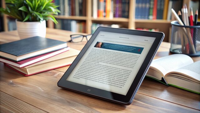 A digital tablet displays a reflowable ebook with words and paragraphs adapting to screen size, demonstrating a seamless reading experience on modern devices.