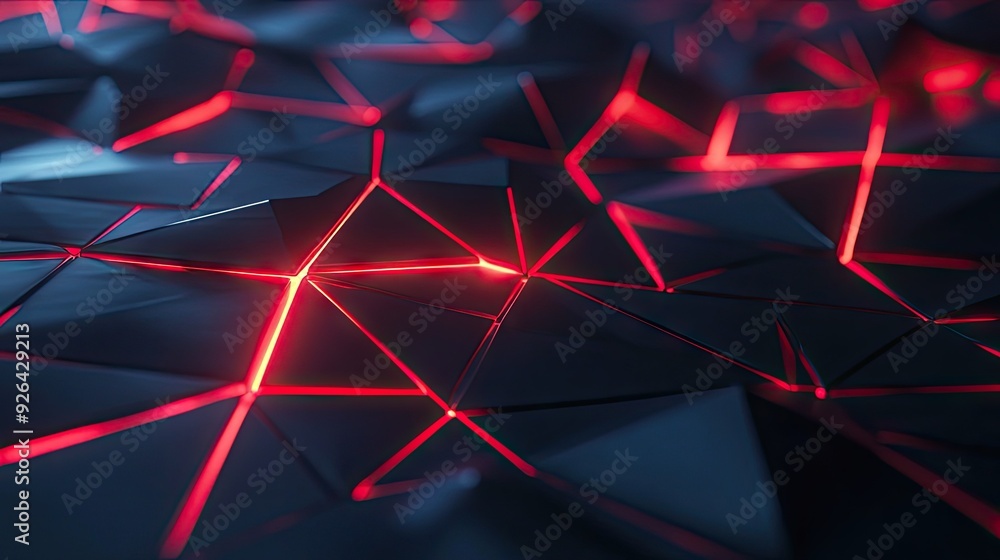 Poster geometric black polygon design enhanced with vibrant red light, creating an abstract and forward-thi