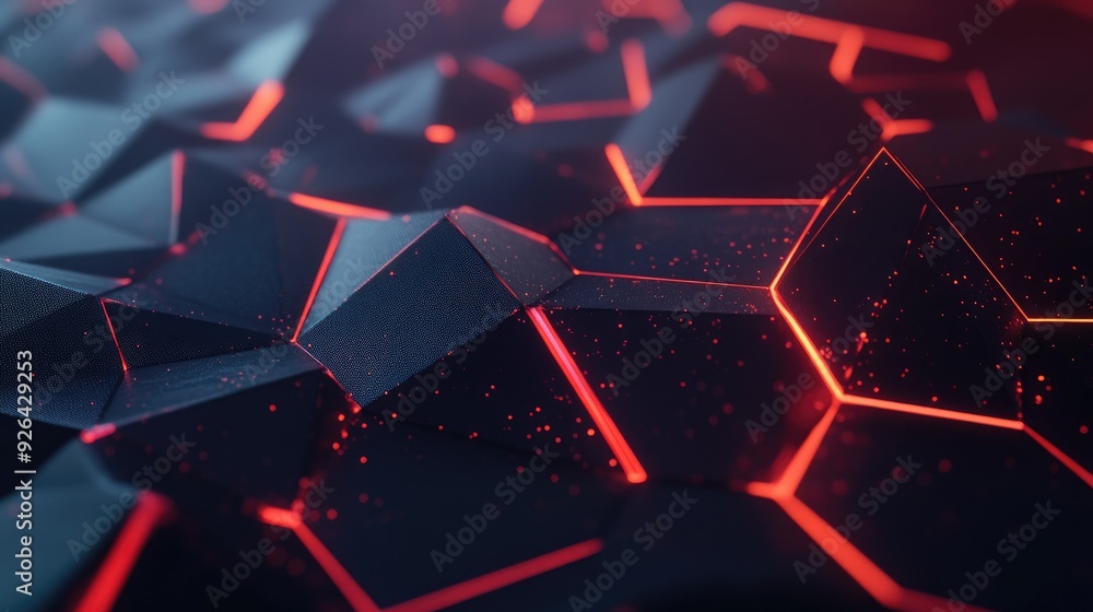 Poster geometric black polygon design enhanced with vibrant red light, creating an abstract and forward-thi