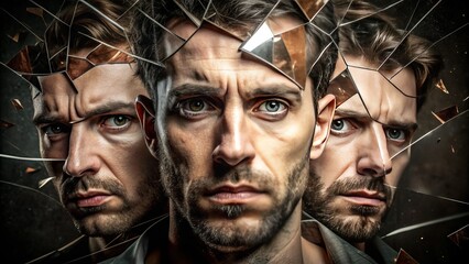 A distressed individual with a splintered personality, represented by multiple faces, gazes intensely, conveying the turmoil and chaos of a fragmented mind.