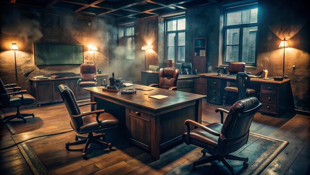 A dimly lit, smoke-filled room with worn leather chairs and a massive wooden desk, evoking the eerie atmosphere of a Cold War-era Soviet intelligence agency.
