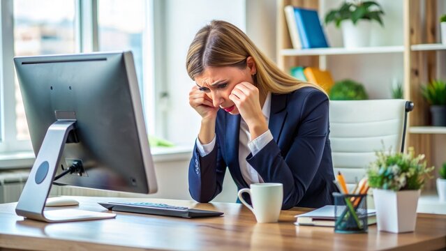 A distraught female employee sits at her cluttered desk, staring blankly at her computer screen with tears welling up in her eyes, overwhelmed by work stress.