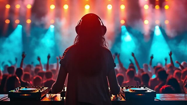 DJ mixing in a nightclub with a throng of dancers
