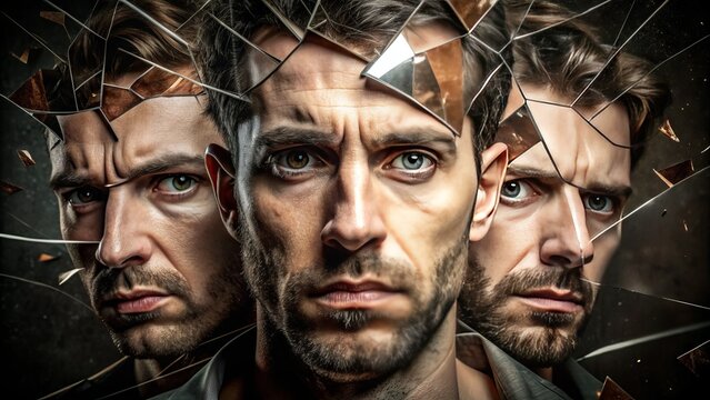 A distressed individual with a splintered personality, represented by multiple faces, gazes intensely, conveying the turmoil and chaos of a fragmented mind.