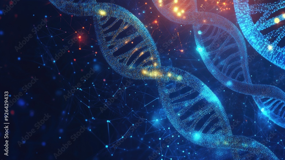 Poster geometric dynamic background featuring dna molecules and wave flows. perfect for science and technol