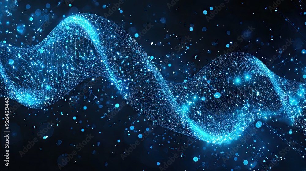 Poster geometric dynamic background featuring dna molecules and wave flows. perfect for science and technol