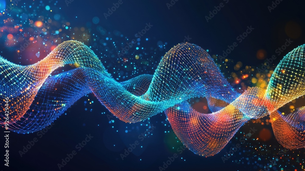 Poster geometric dynamic background featuring dna molecules and wave flows. perfect for science and technol