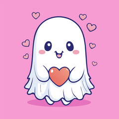 Cute and funny Ghost With Love Heart Cartoon Vector Icon Illustration.