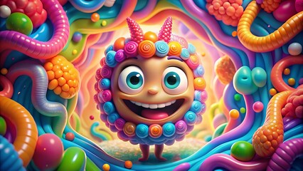 Fototapeta premium Adorable 3D illustration of a smiling intestine with big eyes and a cheerful expression, surrounded by colorful abstract shapes and whimsical details.