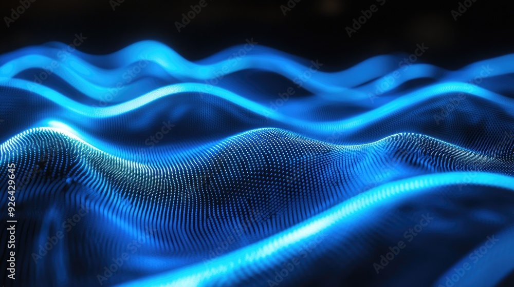 Poster glowing blue lines in a curved, futuristic pattern on an abstract background. perfect for showcasing