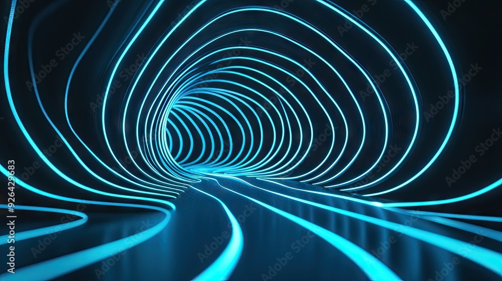Poster glowing blue lines in a curved, futuristic pattern on an abstract background. perfect for showcasing