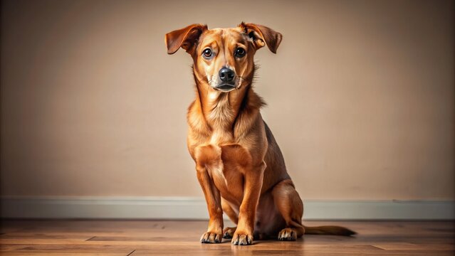 Adorable brown canine sits obediently on floor, head tilted downward, ears back, and tail tucked in, conveying a sense of submissiveness and loyalty.