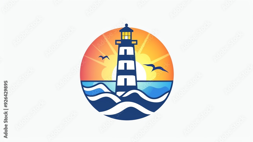 Poster a logo of a lighthouse in a circle with an orange and blue color scheme.