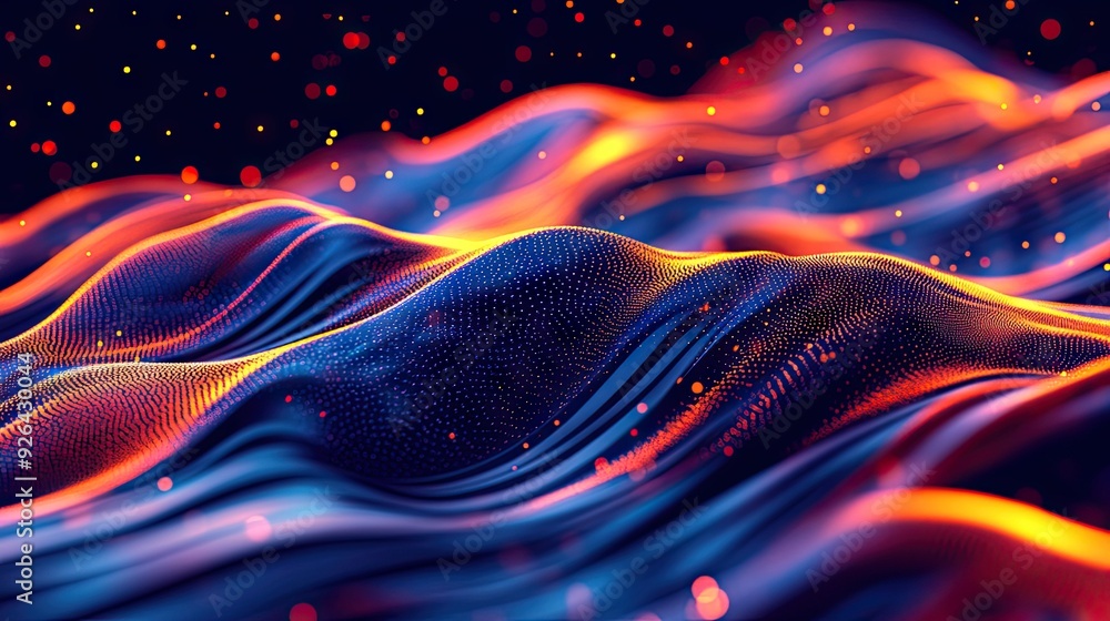 Poster glowing particles creating a dynamic liquid flow effect in a trendy fluid cover design. perfect for 