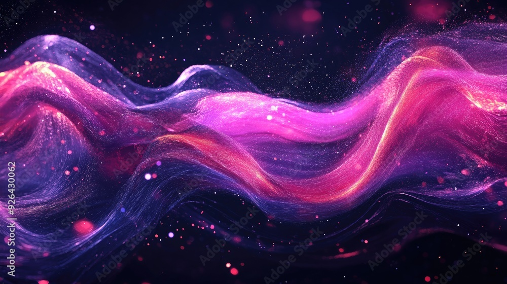 Poster glowing particles creating a dynamic liquid flow effect in a trendy fluid cover design. perfect for 