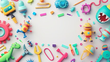 A child’s celebration, with colorful robots, dinosaurs, intertwined with bright cables