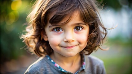 Adorable elementary-aged child with bright curiosity and gentle smile, looking sideways with big brown eyes and messy brown hair, against a soft blurred background.