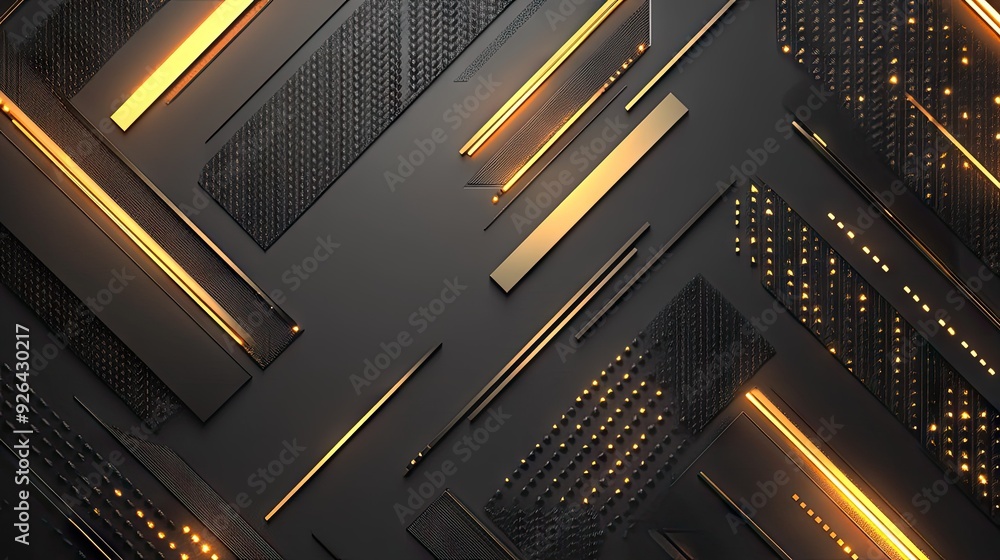 Poster gold light arrows arranged in a geometric pattern on a grey background. the modern and futuristic de