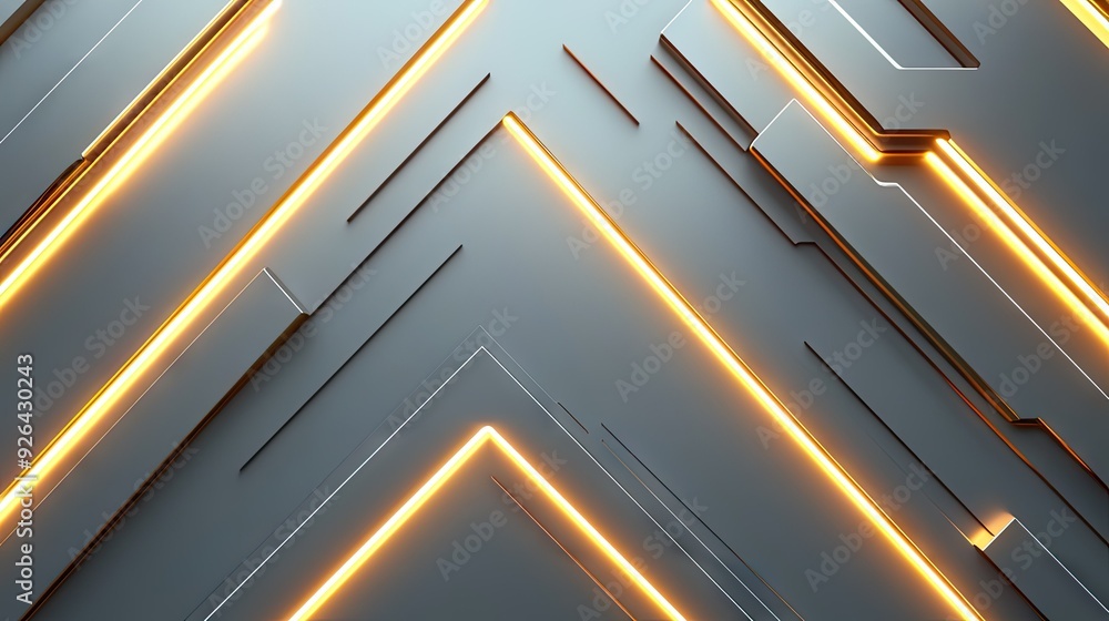 Poster gold light arrows arranged in a geometric pattern on a grey background. the modern and futuristic de