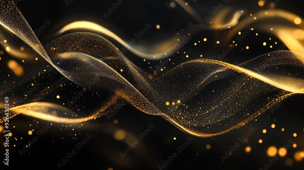 Fototapete gold lines flowing gracefully across a 3d black background with subtle sparkles, perfect for luxury-
