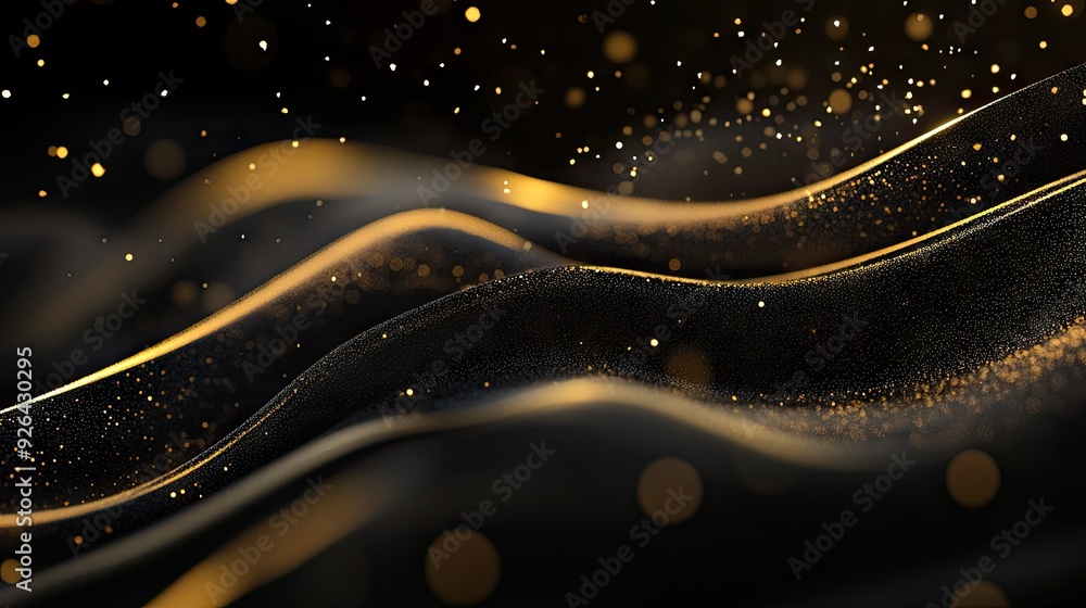Fototapete gold lines flowing gracefully across a 3d black background with subtle sparkles, perfect for luxury-