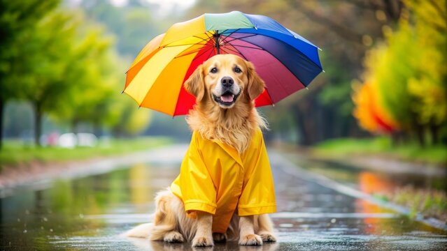 Adorable golden retriever dressed in a bright yellow raincoat and matching hat, standing on its hind legs, holding a colorful umbrella on a rainy day.