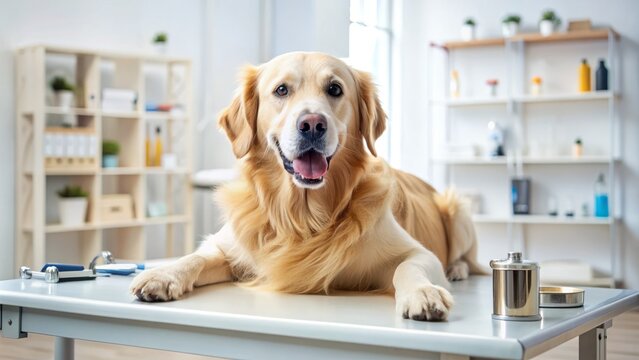 Adorable golden retriever lies on examination table at veterinarian's office, surrounded by medical equipment and medication, awaiting diagnosis and treatment.