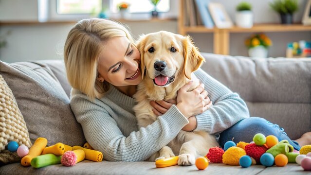 Adorable golden retriever puppy cuddles with owner on couch, surrounded by toys and treats, celebrating National Pet Month with warmth and companionship. - Powered by Adobe