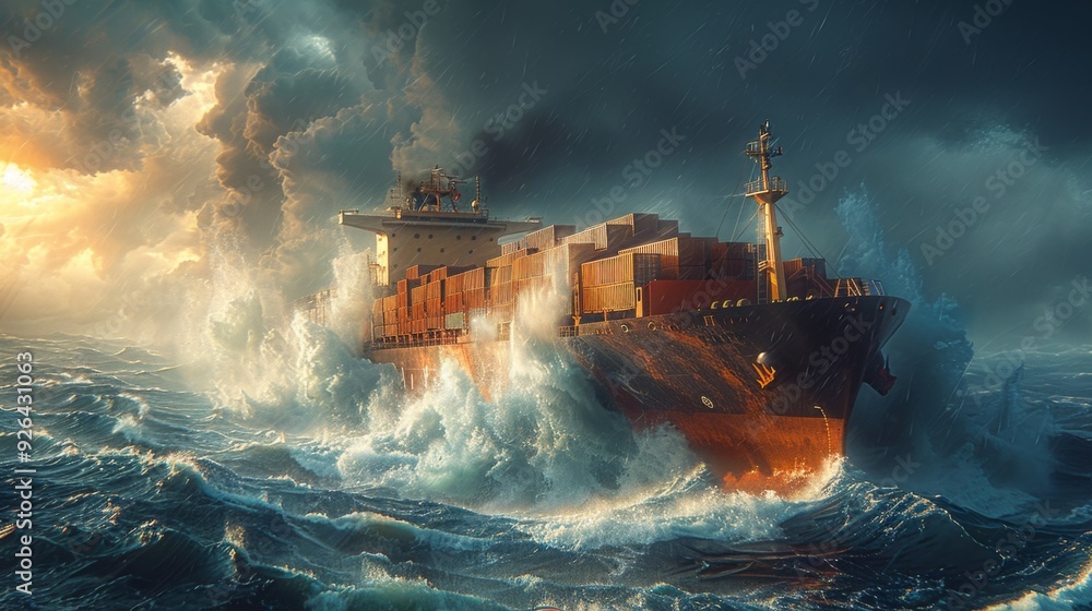 Poster depict a container ship navigating through stormy seas, with towering waves crashing against its hul