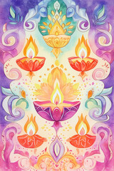 seamless background with traditional diya lamps and rangoli designs, Diwali holiday happy Dussehra