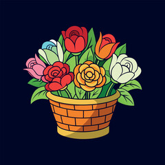 colorful bouquet and flowers in a basket vector illustration design