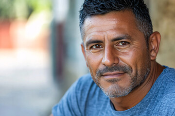 Portrait of a handsome forty year old Hispanic man looking into the camera with a kind expression.