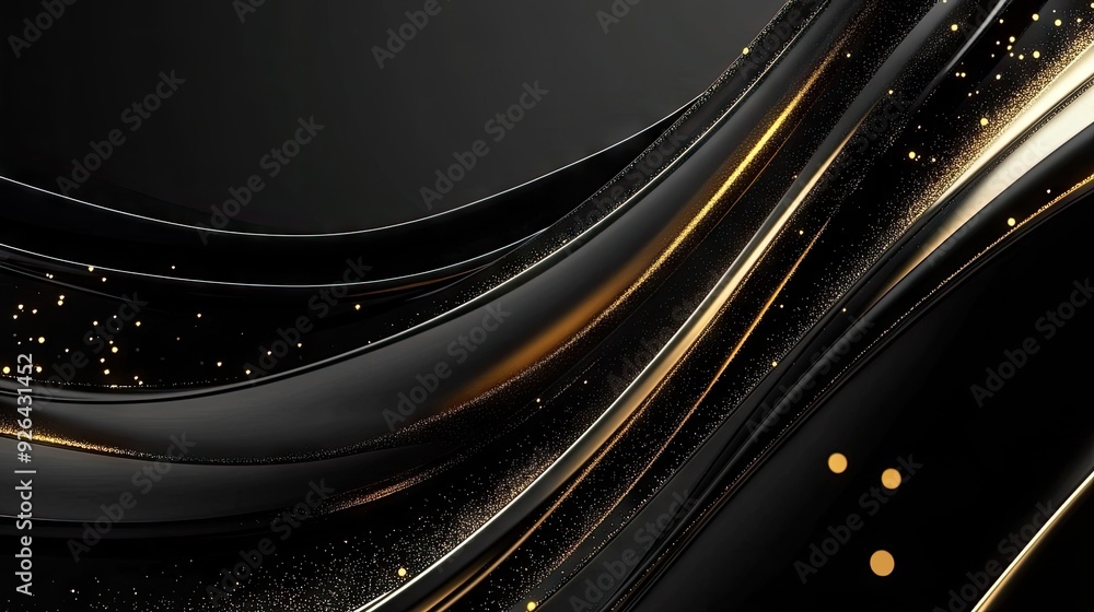 Poster luxurious 3d black background with curved, sparkling gold lines and open copy space, ideal for a sle