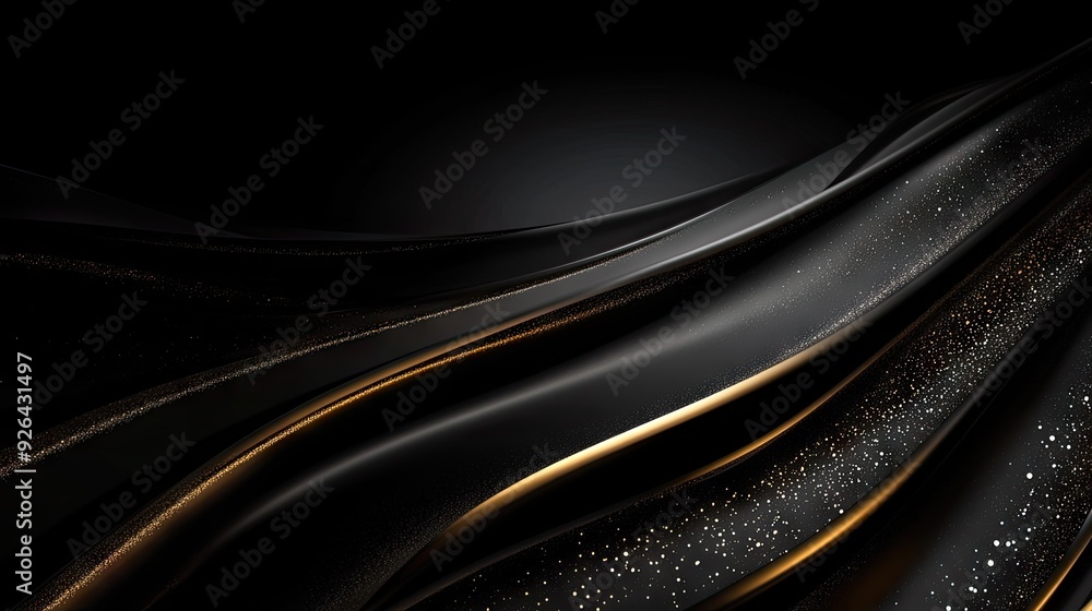 Poster luxurious 3d black background with curved, sparkling gold lines and open copy space, ideal for a sle