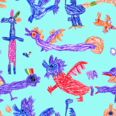 Obraz premium Hand felt-tip pen sketches of fairy tale Dragons and monsters. Seamless pattern on a turquoise background