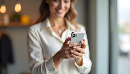 Woman smiling and using a smartphone, defocused background