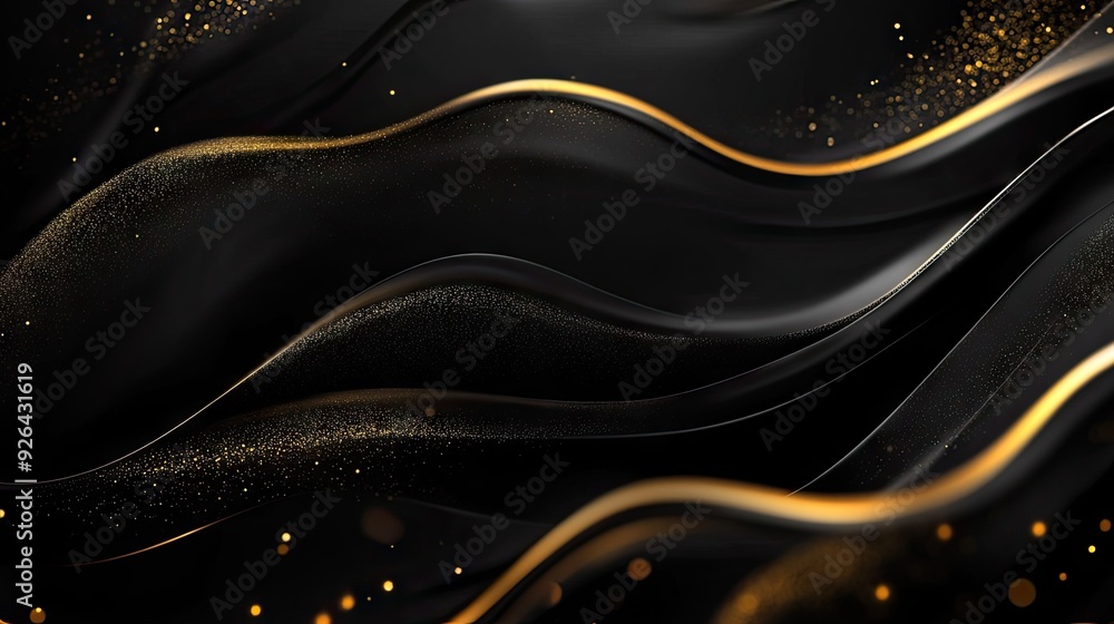 Poster luxurious 3d black background with flowing, wavy gold lines and subtle sparkle accents, ideal for a 