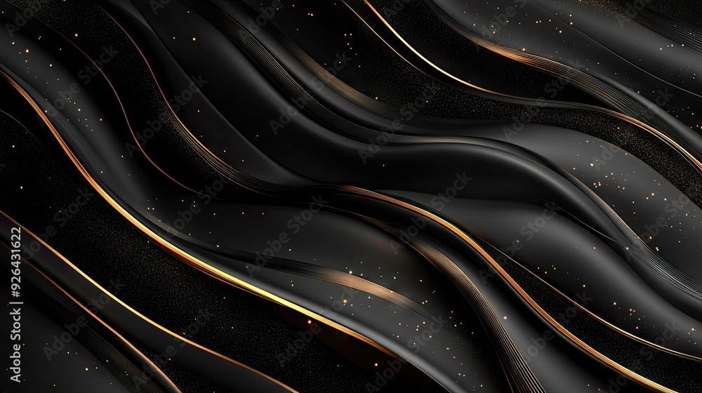 Poster luxurious 3d black background with flowing, wavy gold lines and subtle sparkle accents, ideal for a 