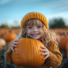 Smiling child amidst a vibrant pumpkin patch holding a large pumpkin with a clear blue October sky backdrop