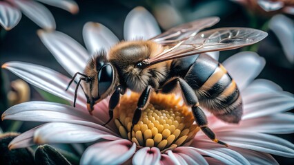 Macro shot of a bee on a pink flower, detailed and close-up view