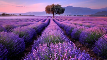 Obraz premium A single tree stands in a field of purple lavender flowers at sunrise.